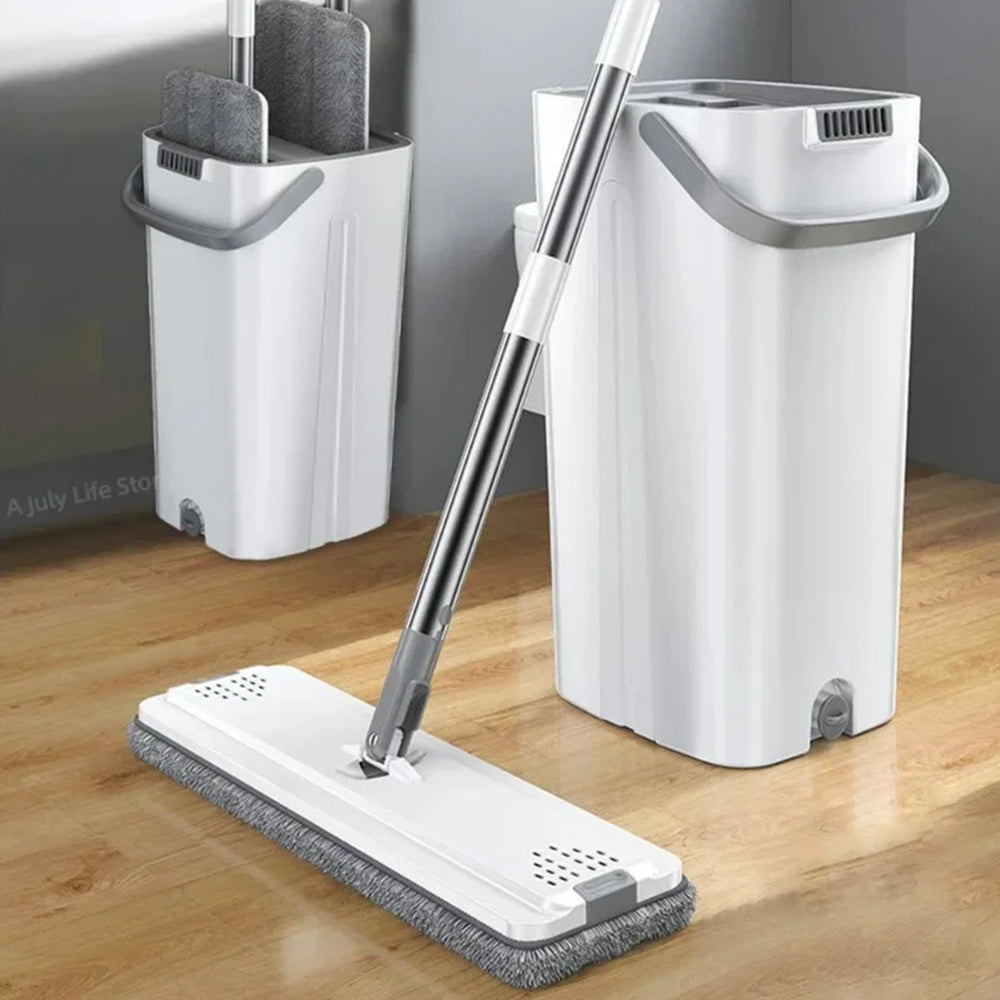 Flat Floor Mop and Bucket Set with 4 Washable Microfiber Pads