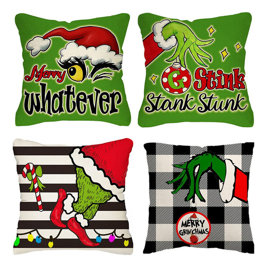 4Pcs Christmas Print Throw Pillow Case Cartoon Cushion Cover Home Sofa Decor Gift-Style 1