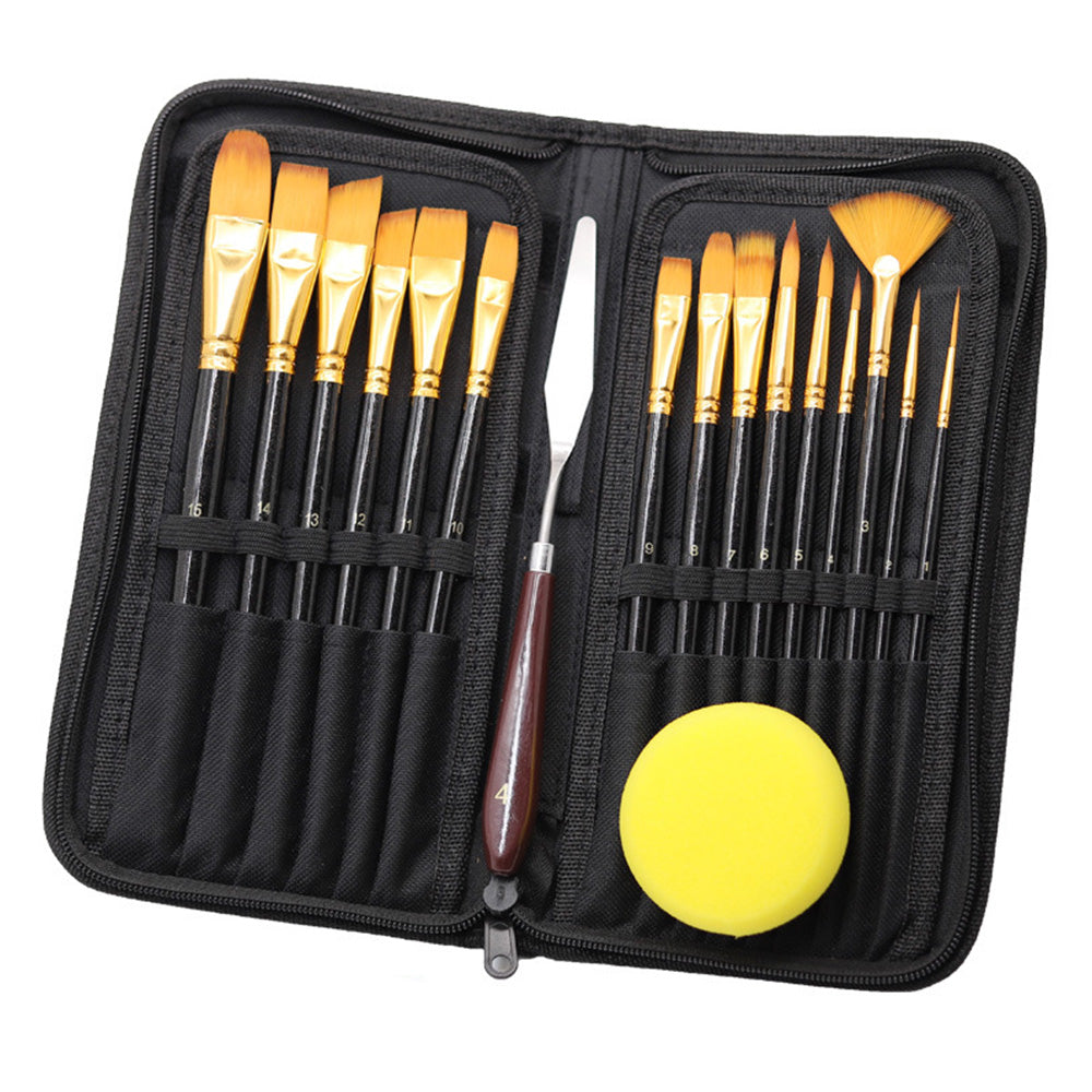 15Pcs Artist Watercolour Oil Paint Brushes Set with Sponge and Scraper