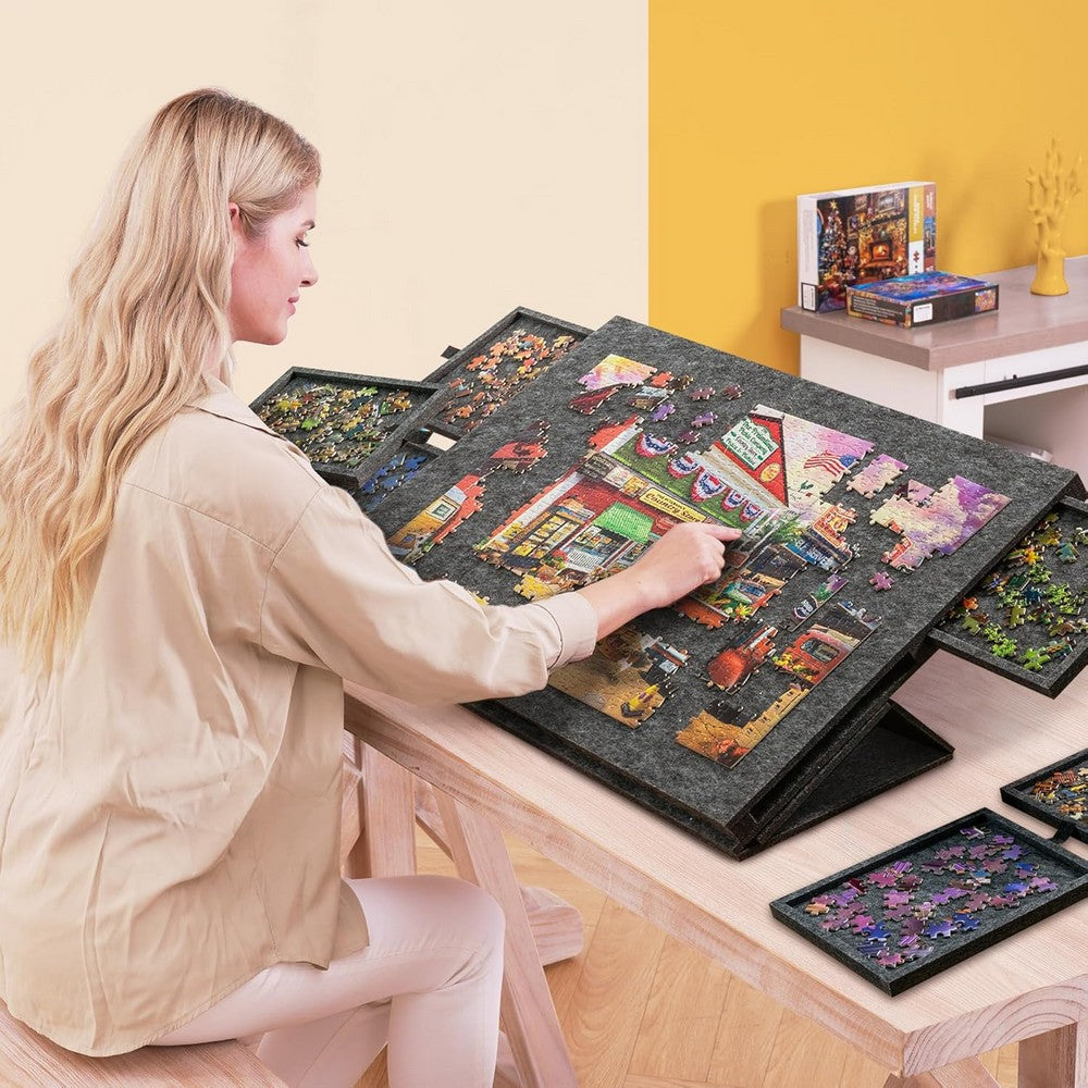 Puzzle Board with 6 Sliding Drawers Foldable Felt Puzzle Table Up to 1000 Pieces