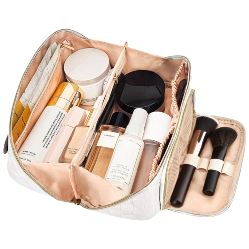 Large Capacity PU Leather Water-Resistant Checkered Cosmetic Bag Travel Makeup Bag