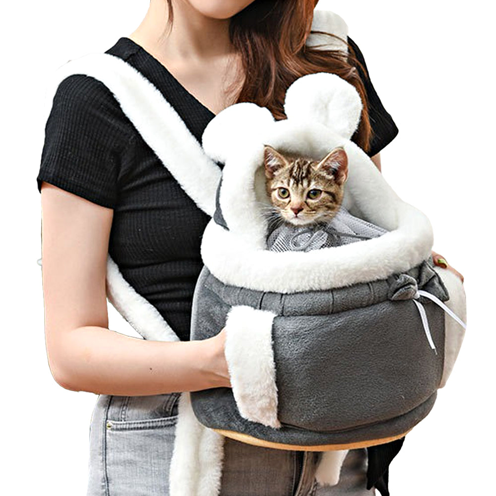 Plush Backpack Portable Pet Hanging Chest Bag with Hand Warmer Pocket