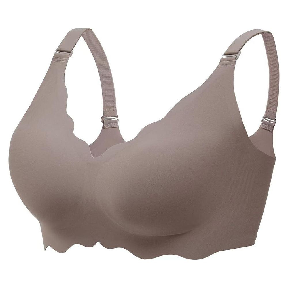 Wireless Bra Soft High Elastic V Neck Wavy Trim-Grey