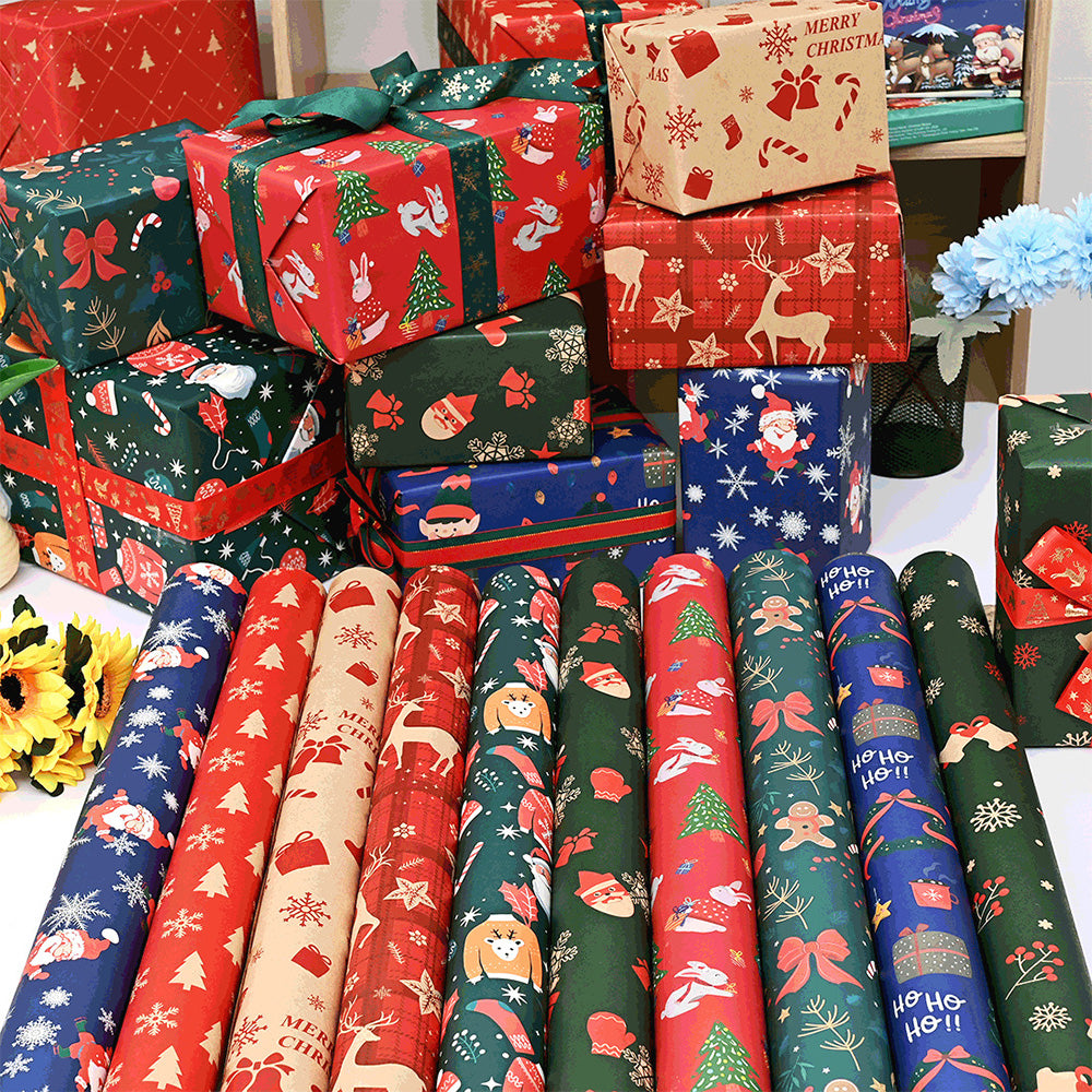10Pcs Christmas Wrapping Paper Christmas Present Wrap Rolls Cute Traditional Xmas Wrap Paper
