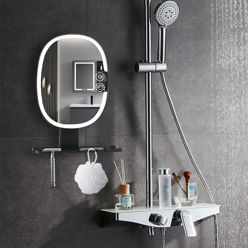 Bathroom Anti Fog Mirror with Lights Built In Shelf No Drilling Installation for Shower Room