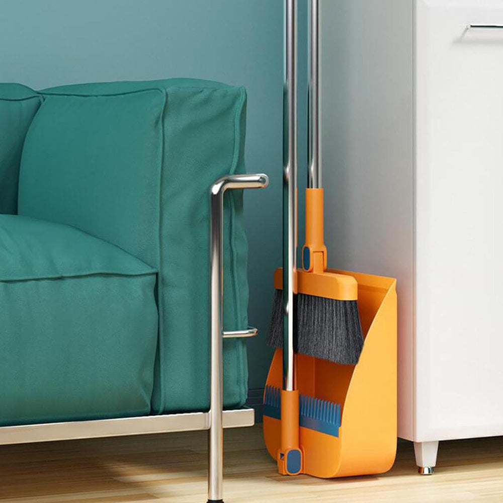 3Pcs Set of Plastic Broom with Foldable Standing Dustpan and Scraper Broom