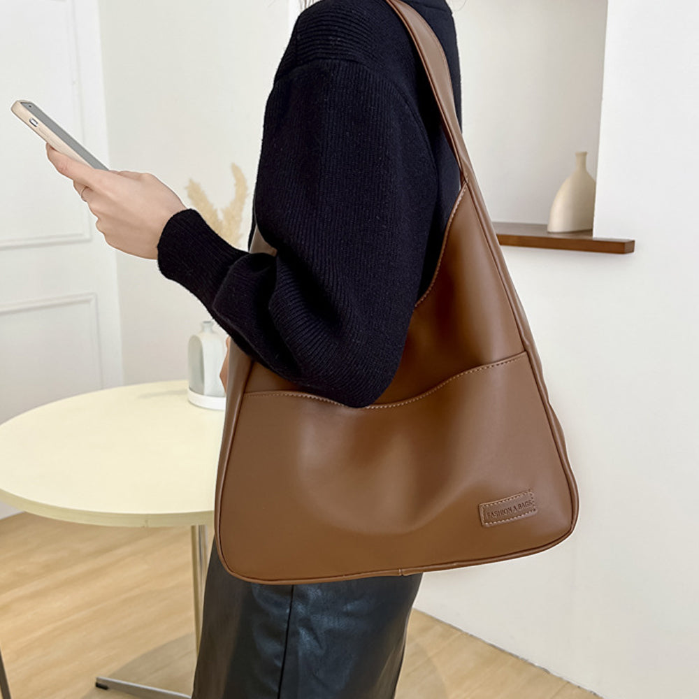 Solid Color PU Leather Shoulder Bag Large Capacity Tote Bag