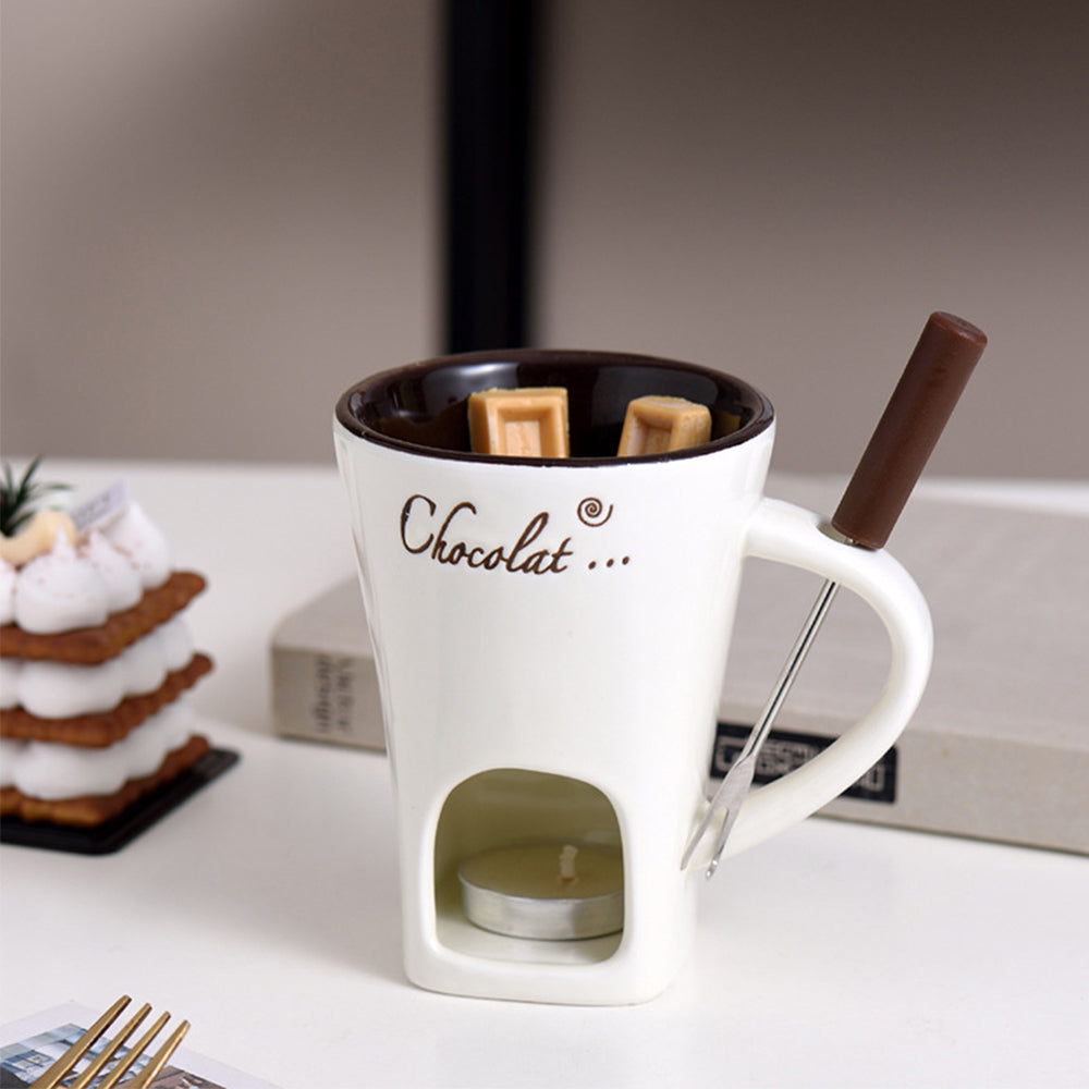 Fondue Mug Set Porcelain Chocolate Melting Cup with Fork