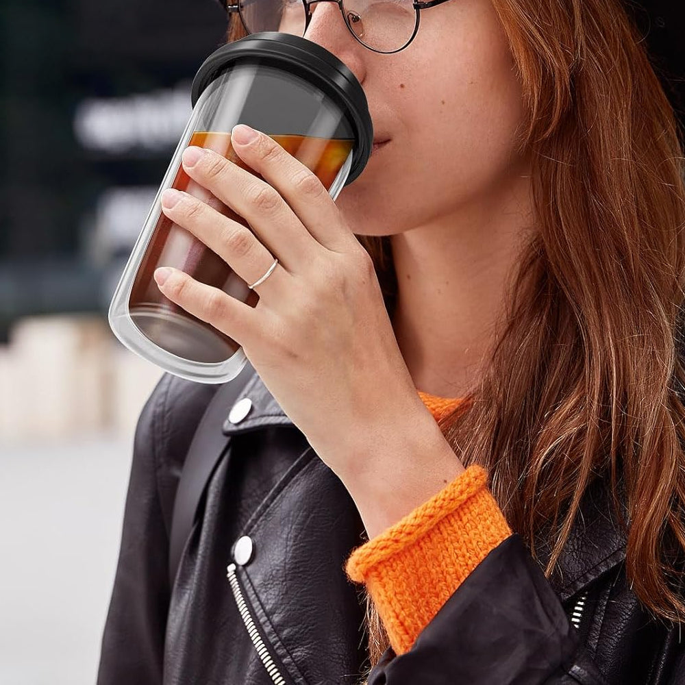 Double Walled Glass Coffee Mug Drinking Coffee Cup with Silicone Lid