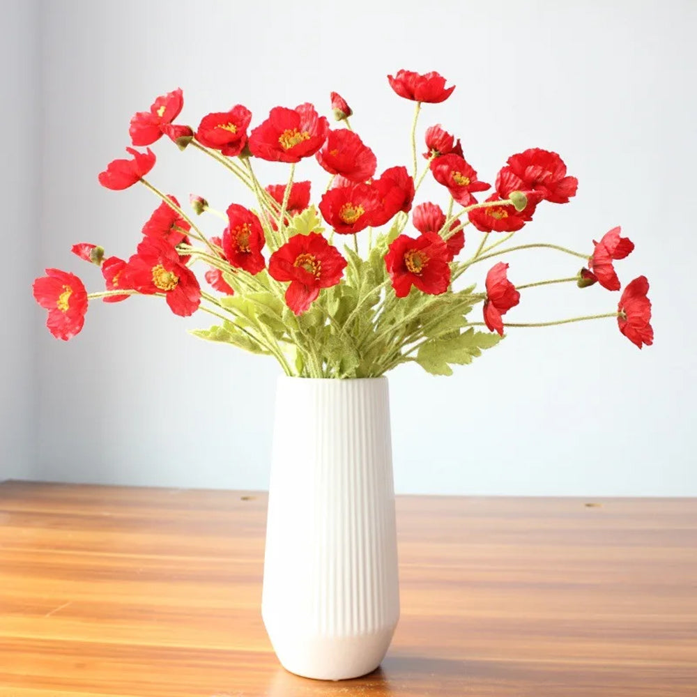 6Pcs 4 Head Artificial Poppy Flowers Papaver Rhoeas Flocking Stem Bouquet-Yellow, Red