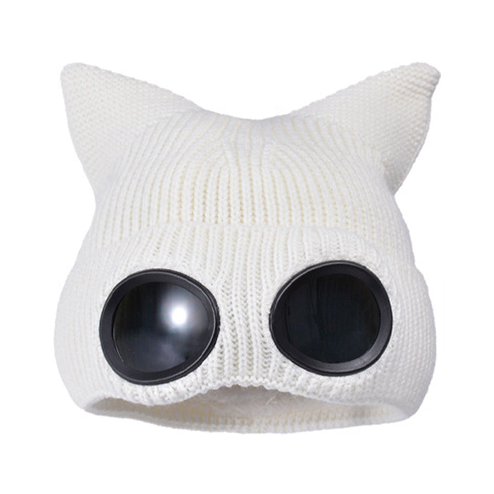 Double Layer Knit Winter Beanie with Goggles Cute Cat Ear Knit Beanie for Winter