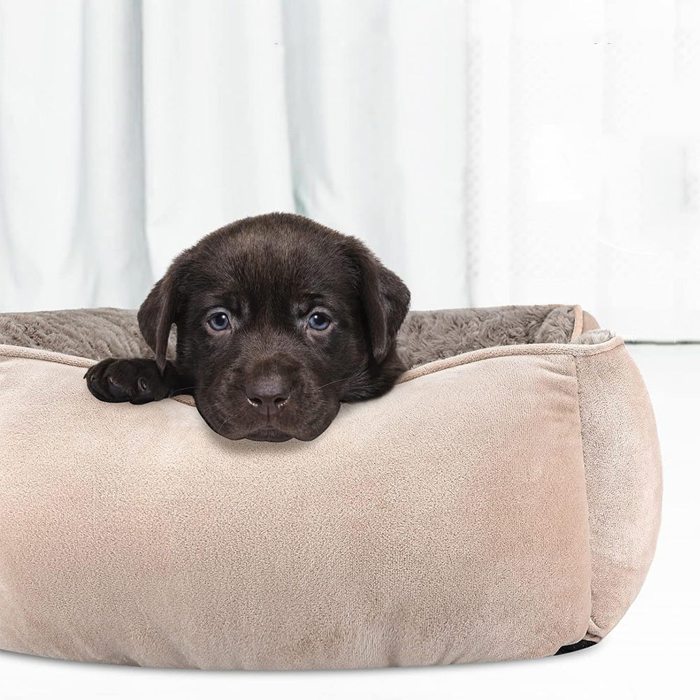 Soft Plush Pet Bed with Raised Sides Calming Nest-Camel