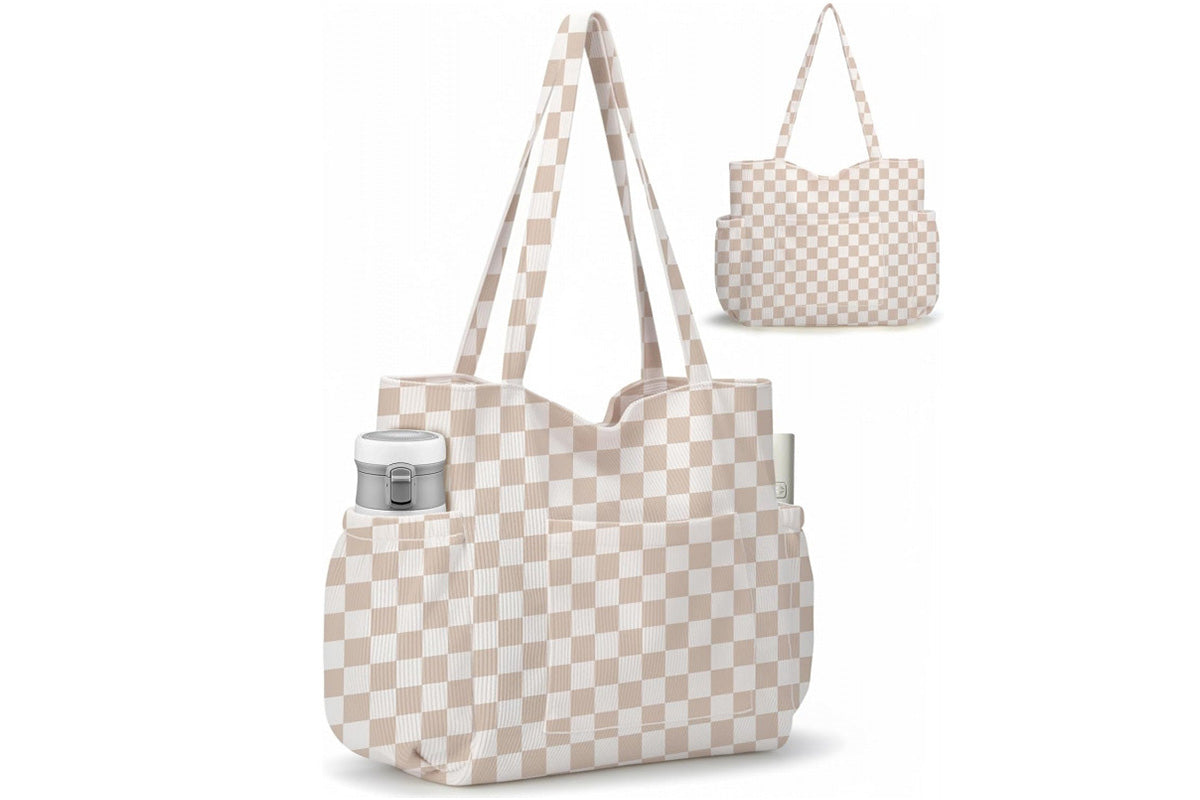 Corduroy Tote Bag with Side Water Bottle Pockets Large Shoulder Bag Casual Handbag