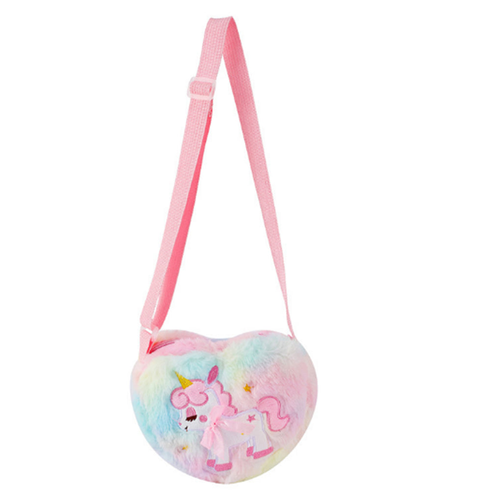 Girls Cute Plush Heart Unicorn Embroidery Zipper Crossbody Bag