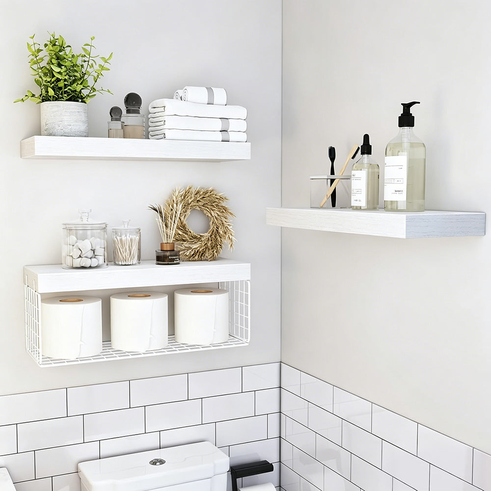 3 Tier Bathroom Shelf Wall Mounted Floating Shelf with Storage Basket