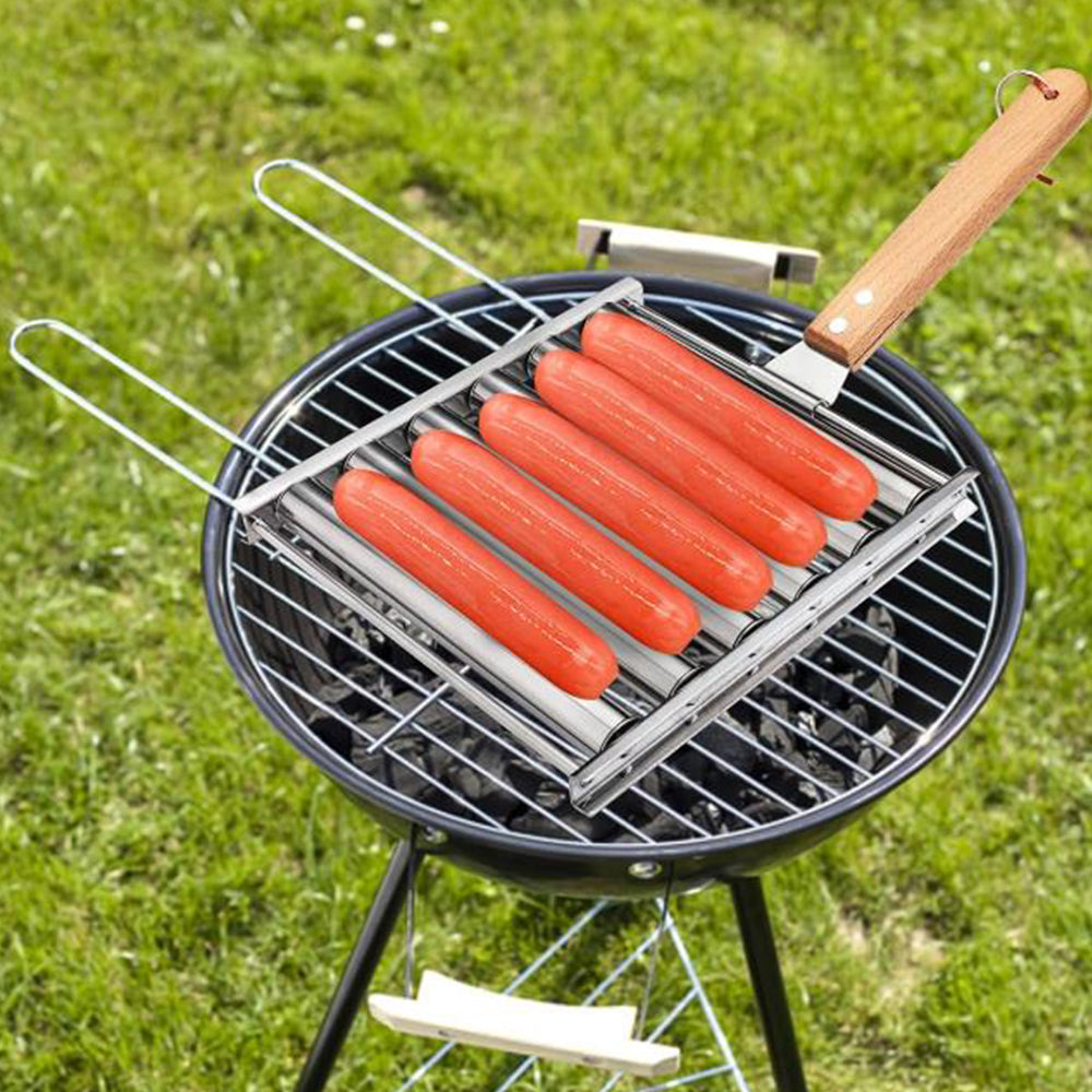 Stainless Steel Hot Dog Grill with Wooden Handle and 4 BBQ Skewers