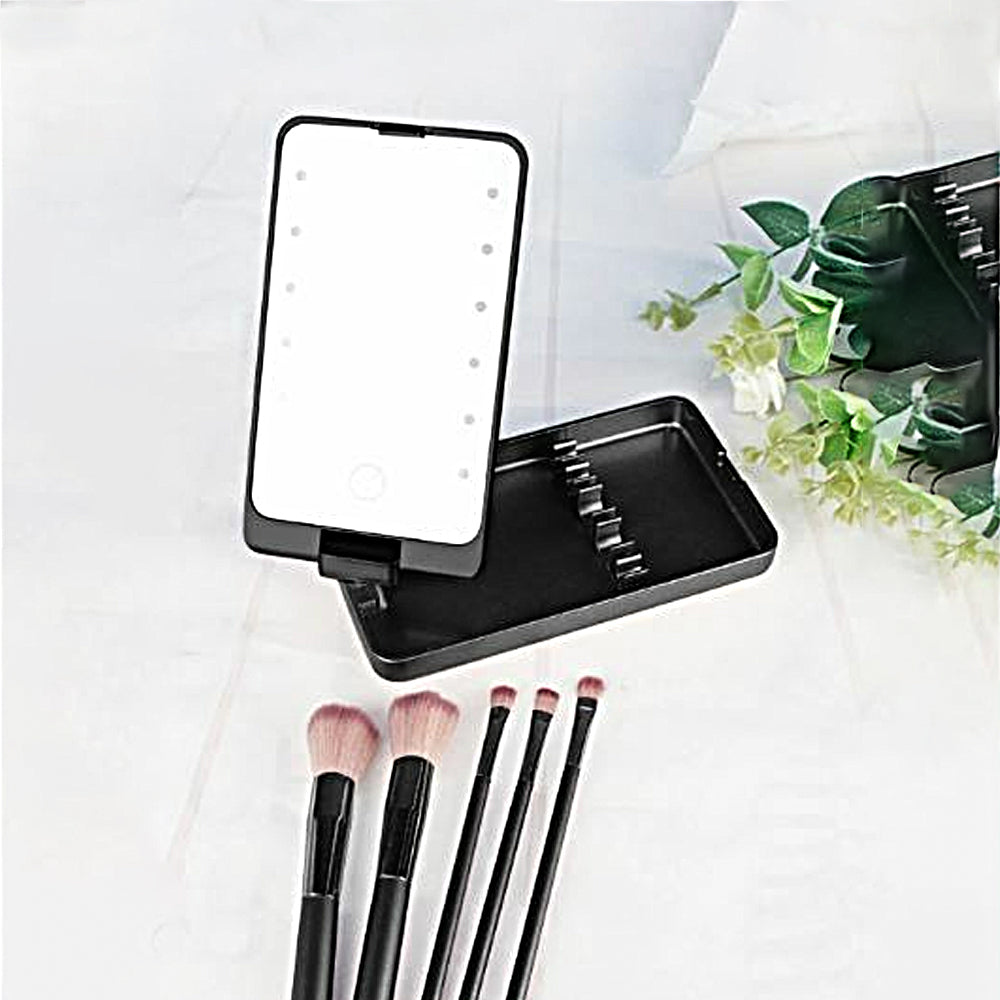Compact LED Makeup Mirror with Cosmetic Brush and Holder