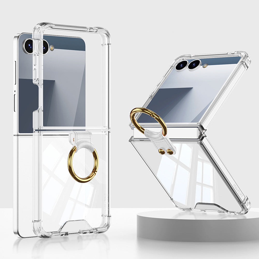 Case and Back Glass Protector for Samsung Galaxy Z Flip 8 7 with Ring Stand-Transparent