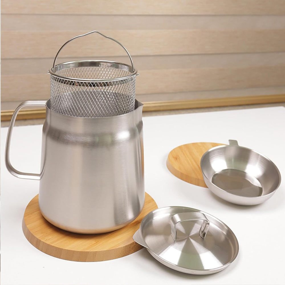 2L Stainless Steel Oil Strainer Storage Pot with Filter Mesh and Cover