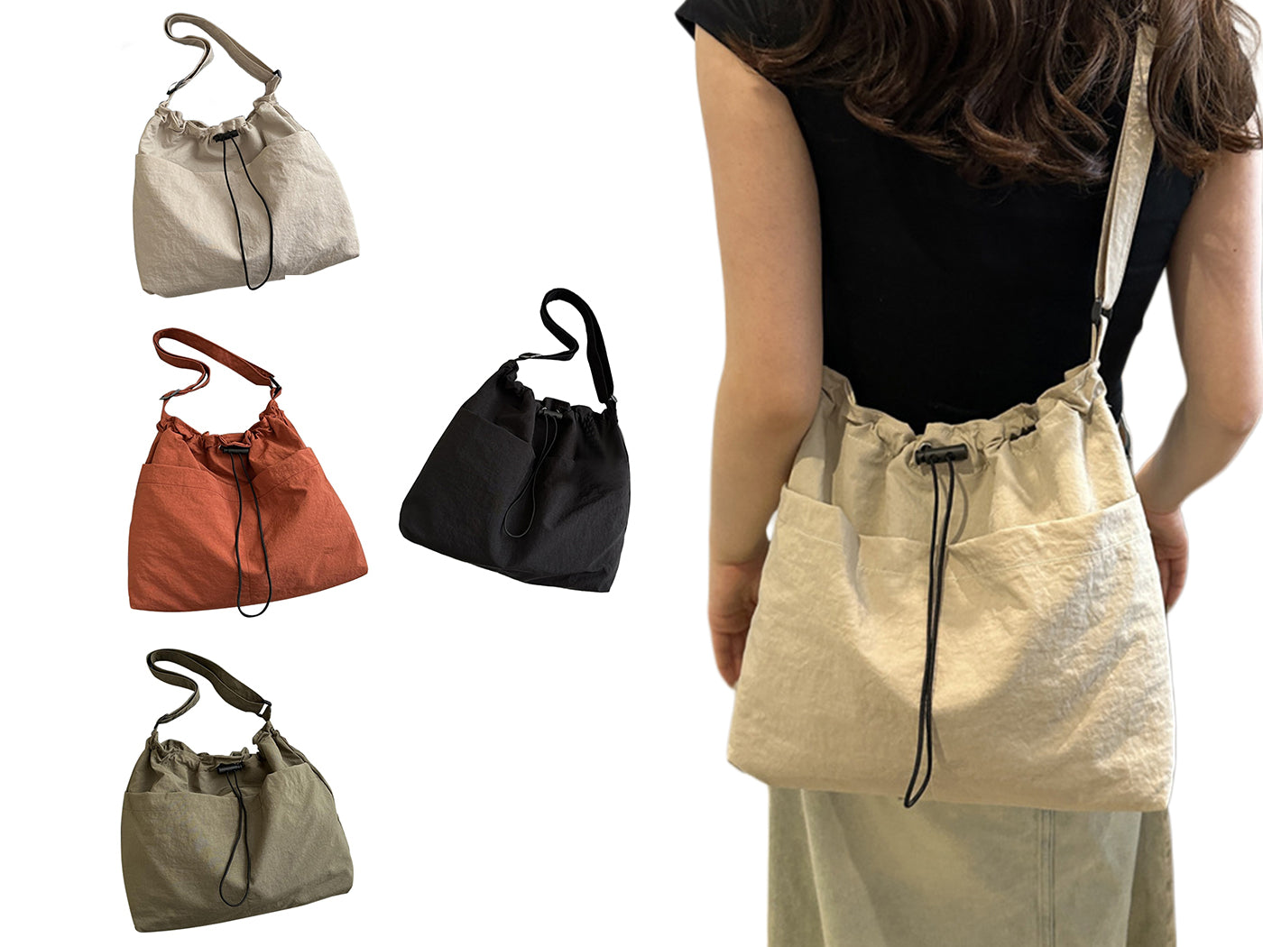 Nylon Crossbody Shoulder Tote Bag Large Capacity Drawstring Bucket Bag