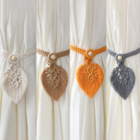 2Pcs Hand-Woven Leaf Macrame Curtain Tiebacks Cotton Tassel Curtain Straps Tie Decor