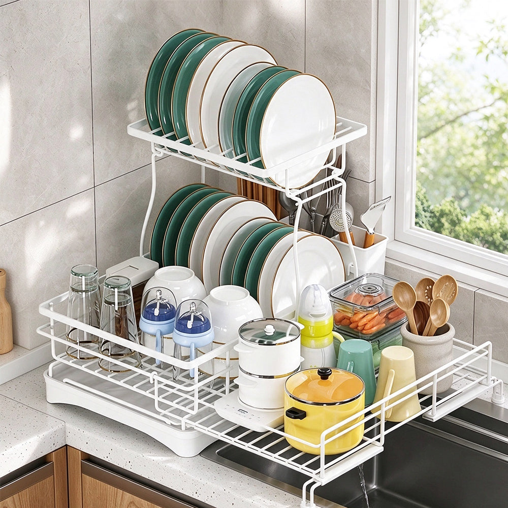 Expandable Carbon Steel Dish Drying Rack with Rotating Drain Spout-White