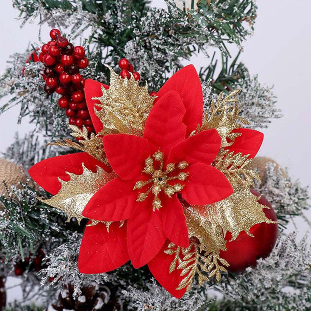 12Pcs Christmas Glitter Poinsettia Artificial Flower with Clip and Stem