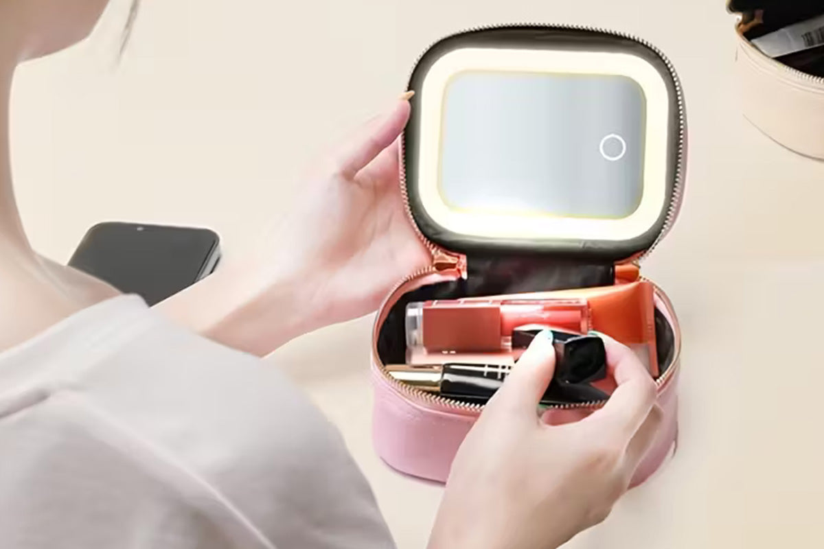 PU Leather Makeup Case Lighted Mirror LED Travel Cosmetic Organizer