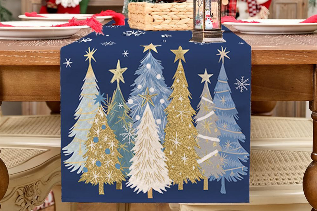 Christmas Table Runner Xmas Trees Tablecloth Cover For Kitchen Dinner Party