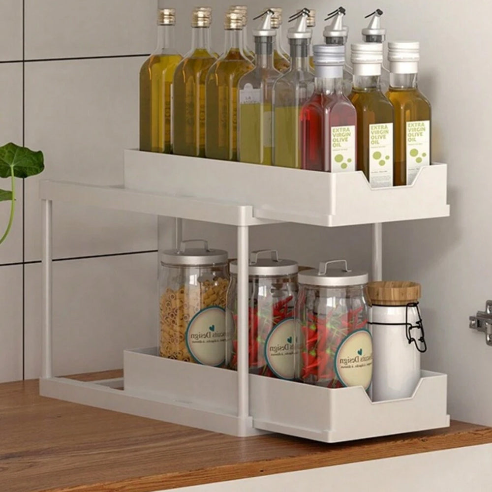 2 Tier Bathroom Cabinet Shelf Organizer Double Sliding Storage Rack with Hook
