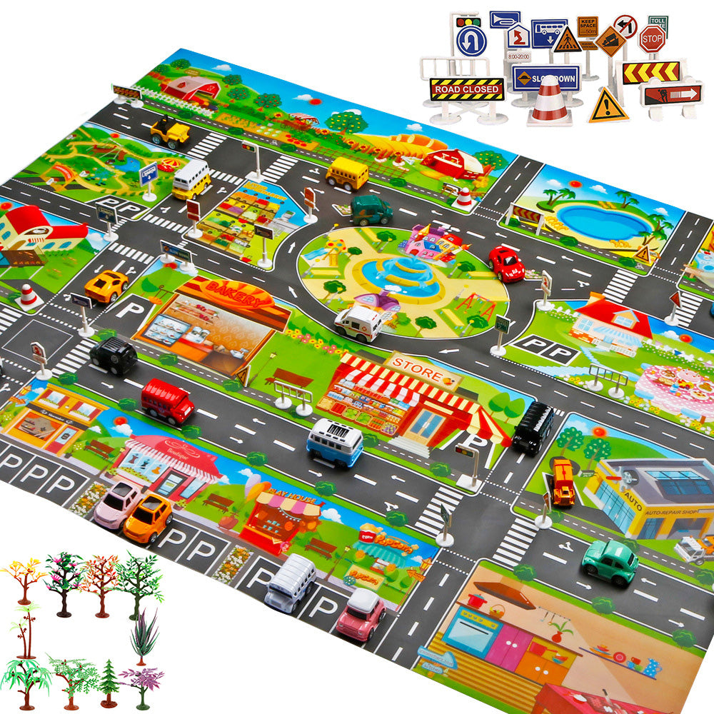 Floor Play Mat Rug Traffic Road Signs Car Track City Carpet Toy with 10 Trees