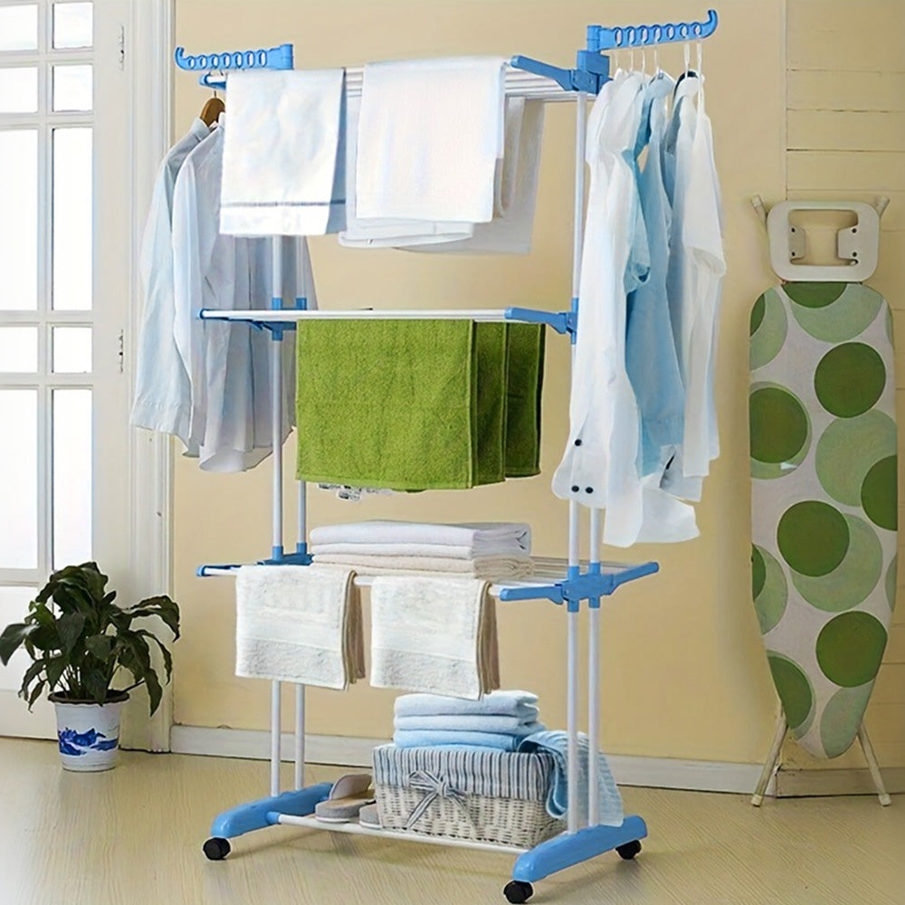 4 Tier Foldable Clothes Drying Rack with Wheels and Storage Hooks