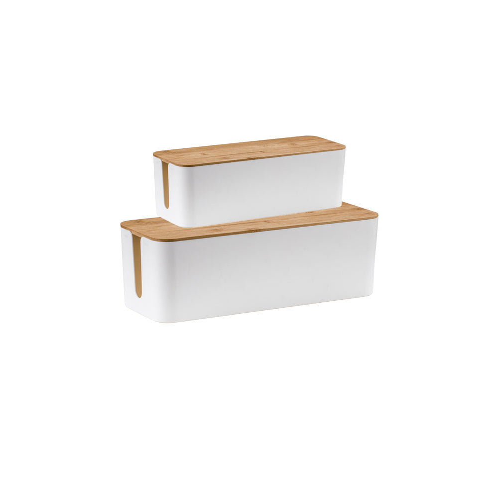 2Pcs Bamboo Lid Cable Management Storage Box for Home and Office-White, S, M