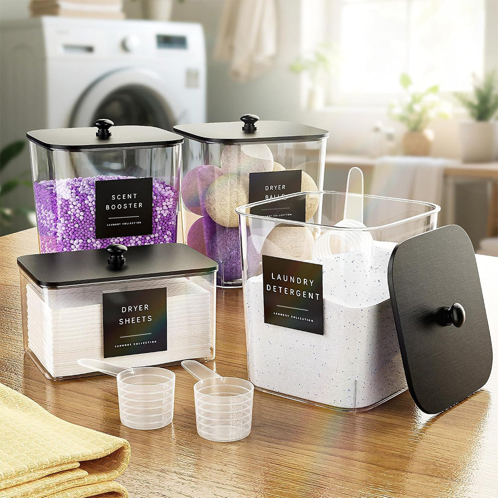 4Pcs Clear Laundry Storage Containers with Airtight Wooden Lids