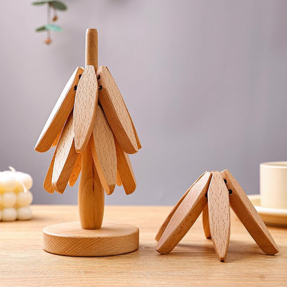 4Pcs Tree Art Design Coasters With A Stand Wooden Tree Shape Trivet Set for Hot Dishes