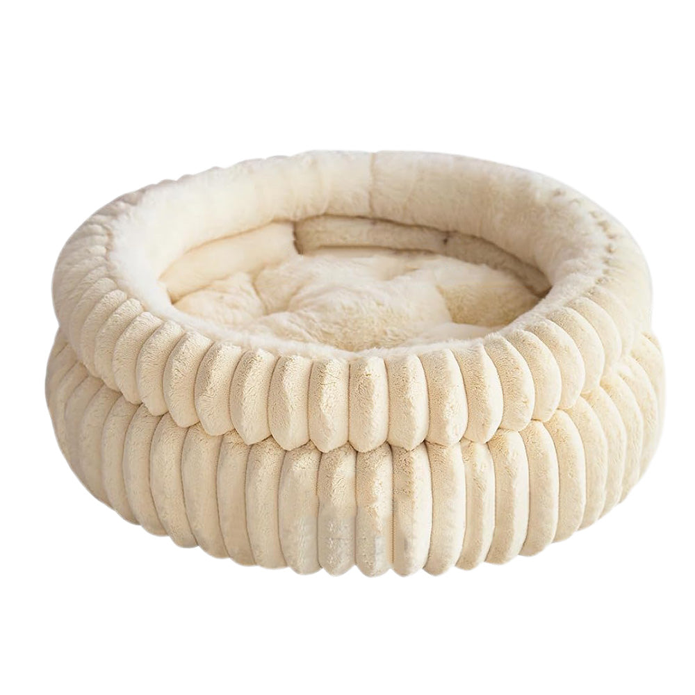 Donut Plush Pet Dog Cat Bed Fluffy Soft Warm Nest for Indoor Cats Small Dogs-Beige