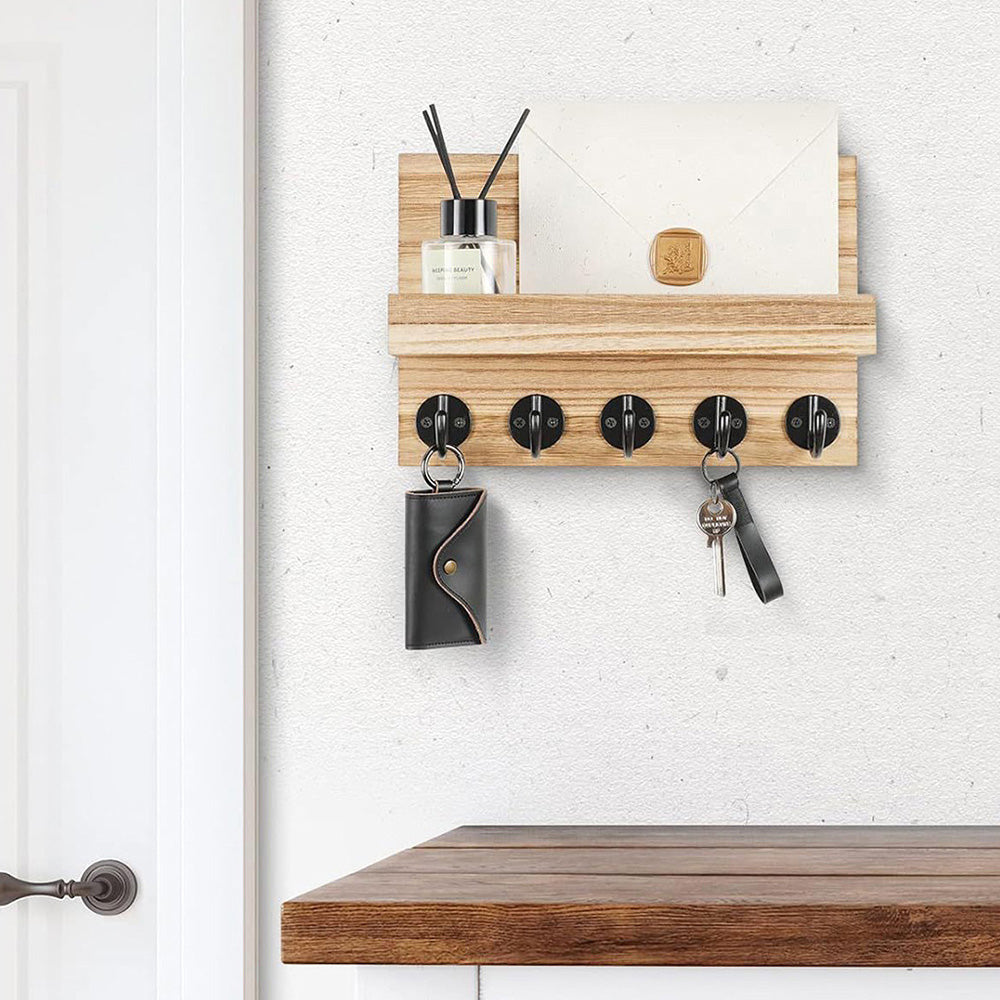 Rustic Wall-Mounted Entryway Organizer - Wooden Mail & Key Holder with Hooks