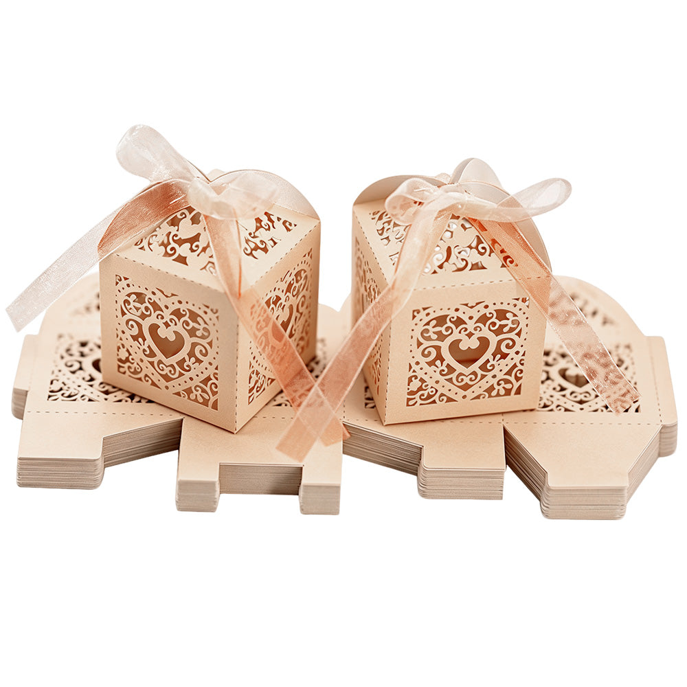 50 Pack Laser Cut Pearl Paper Candy Favor Boxes with Ribbons
