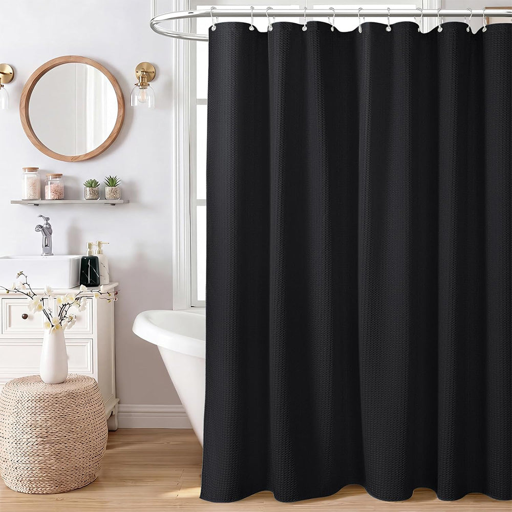 Waffle Weave Water Resistant Shower Curtain with 12 Rustproof Rings-Black