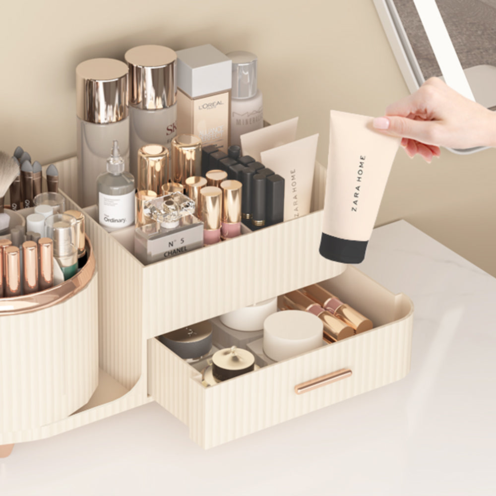 360 Degree Rotating Makeup Organizer for Brush Holder and Drawers