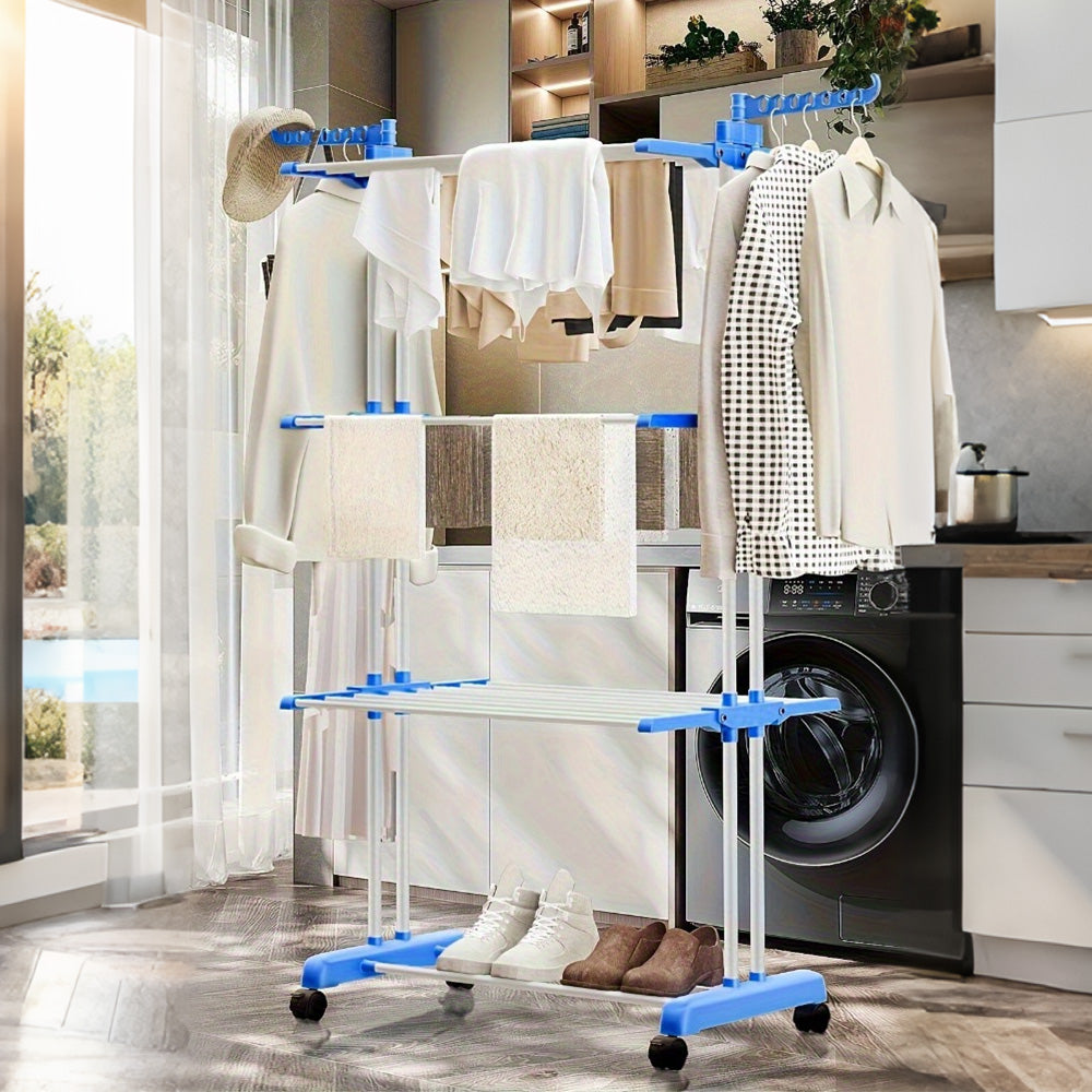 4 Tier Foldable Clothes Drying Rack with Wheels and Storage Hooks