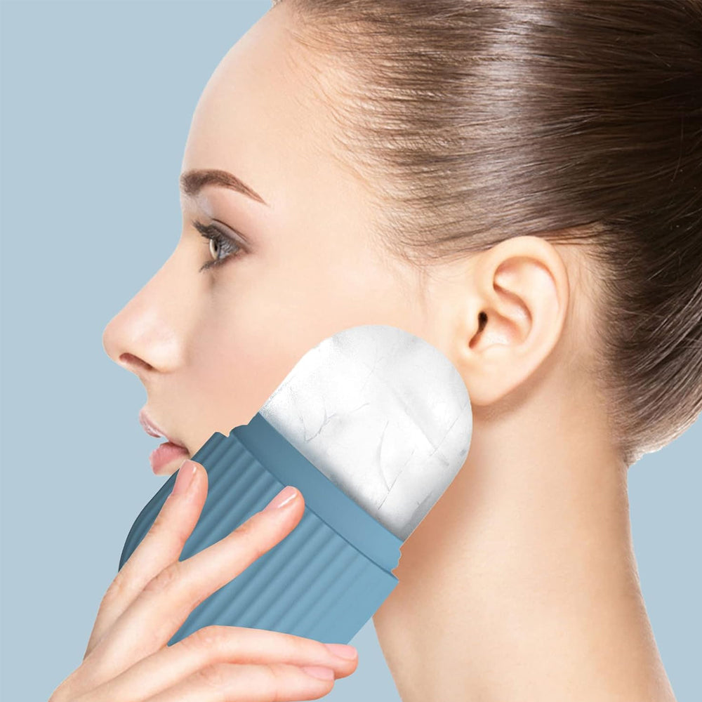2Pcs Reusable Silicone Ice Facial Cube Massager Ice Roller-Blue and Pink