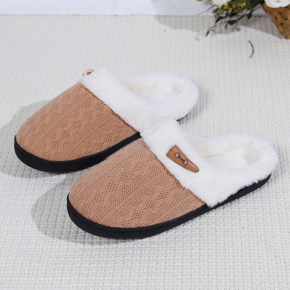 Indoor Non Slip Fuzzy Slippers for Women Warm Knitted House Shoes-Khaki