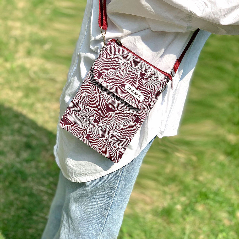 5 Layer Leaf Pattern Canvas Cell Phone Crossbody Bag