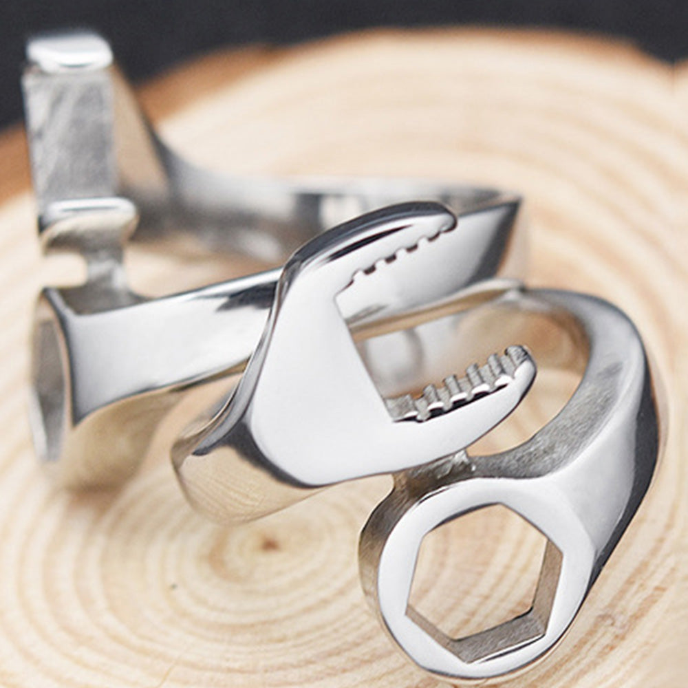 Stainless Steel Wrench Shaped Industrial Punk Ring for Men and Women-Silver