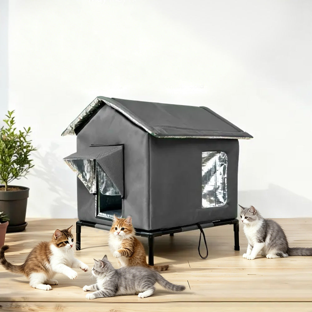 Cat House Indoor Outdoor Insulated Shelter for Small to Medium Cats-Grey