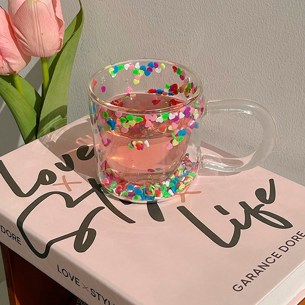 Double Wall Glass Cup with Colorful Love Granule Fillings