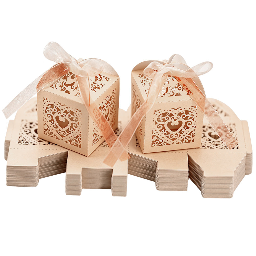 2X 50 Pack Laser Cut Pearl Paper Candy Favor Boxes with Ribbons