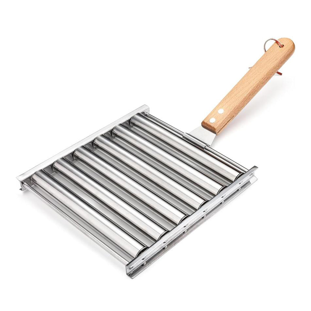 Stainless Steel Hot Dog Grill with Wooden Handle and 4 BBQ Skewers