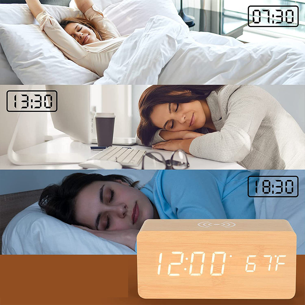 2Pcs Wooden Digital Alarm Clock with Wireless Charger